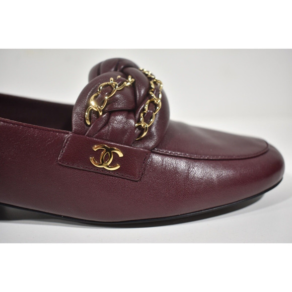 Chanel 17A Burgundy Red Braided CC Logo Gold Chain Slide Loafer Moccasin Flat 37 - Picture 3 of 10
